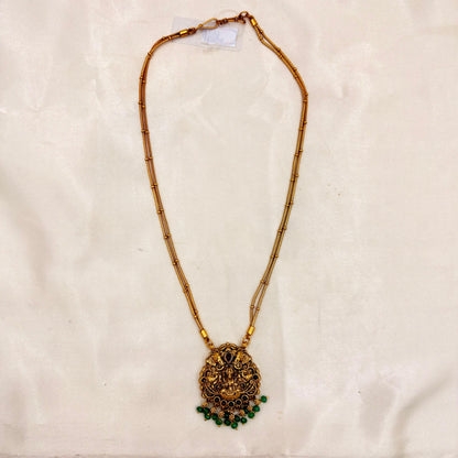 Antique Gold Lakshmi Temple Necklace Set with Green Bead Drops
