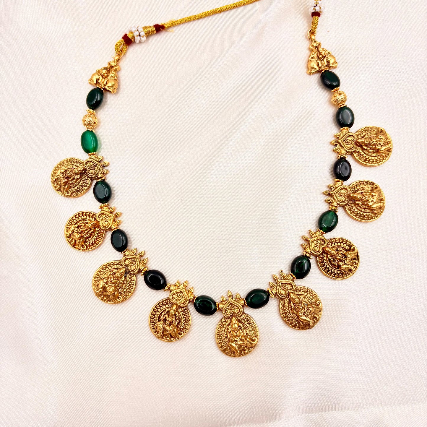 Antique Gold Finish Goddess Coin Temple Necklace Set with Green Beads