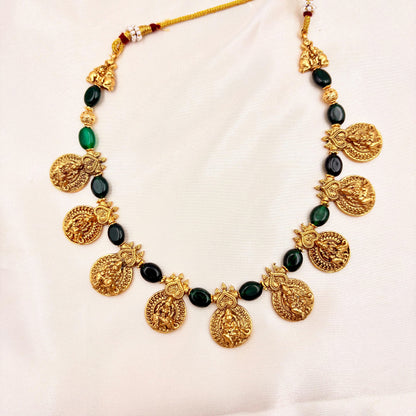 Antique Gold Finish Goddess Coin Temple Necklace Set with Green Beads