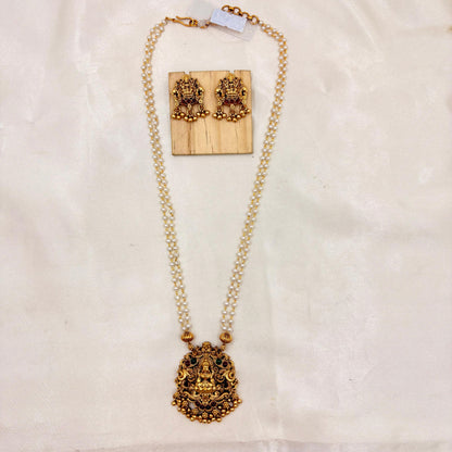Antique Gold Lakshmi Temple Pearl Necklace Set with Matching Earrings