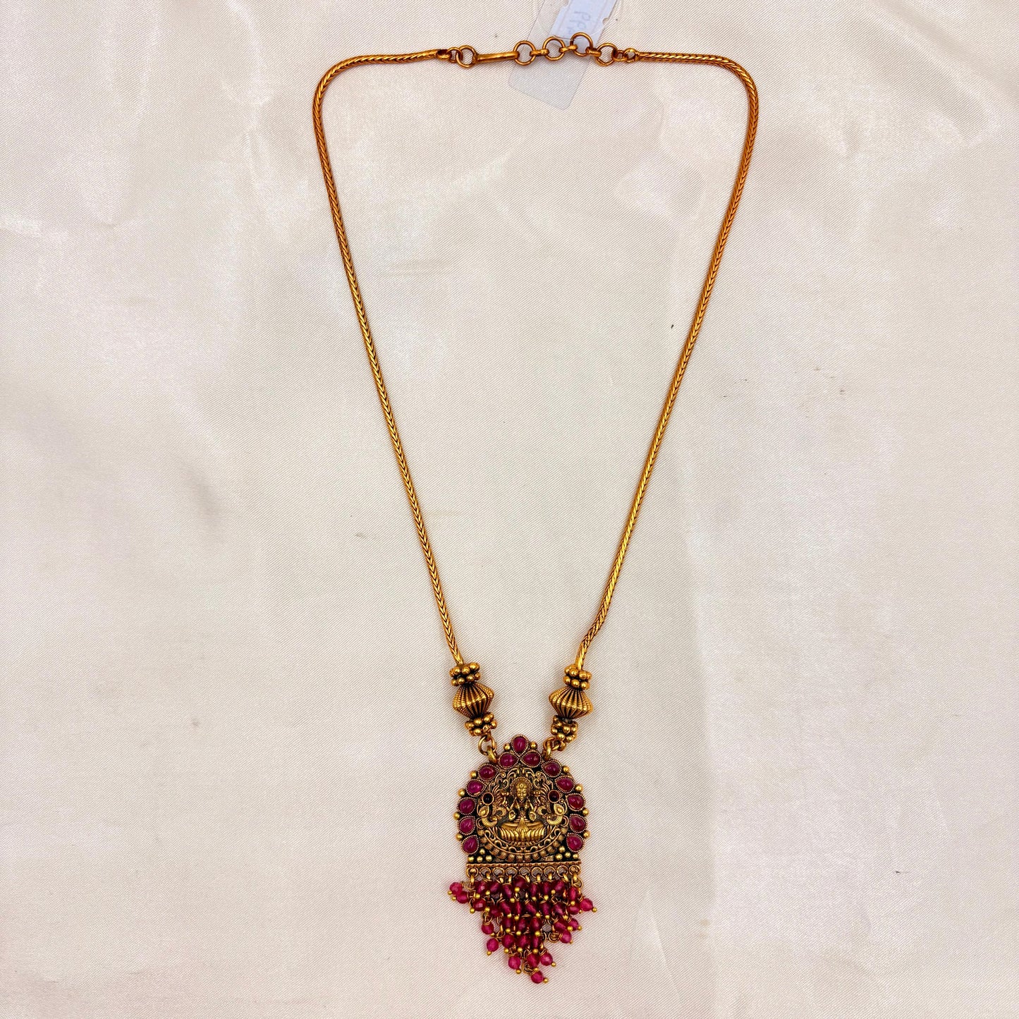 Antique Gold Finish Temple Pendant Necklace with Pink Beads & Matching Earrings