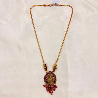 Antique Gold Finish Temple Pendant Necklace with Pink Beads & Matching Earrings
