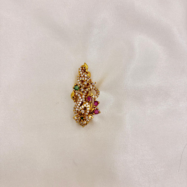 Gold-Plated Peacock & Floral Saree Pin with CZ, Ruby & Green Stones | Designer Saree Brooch
