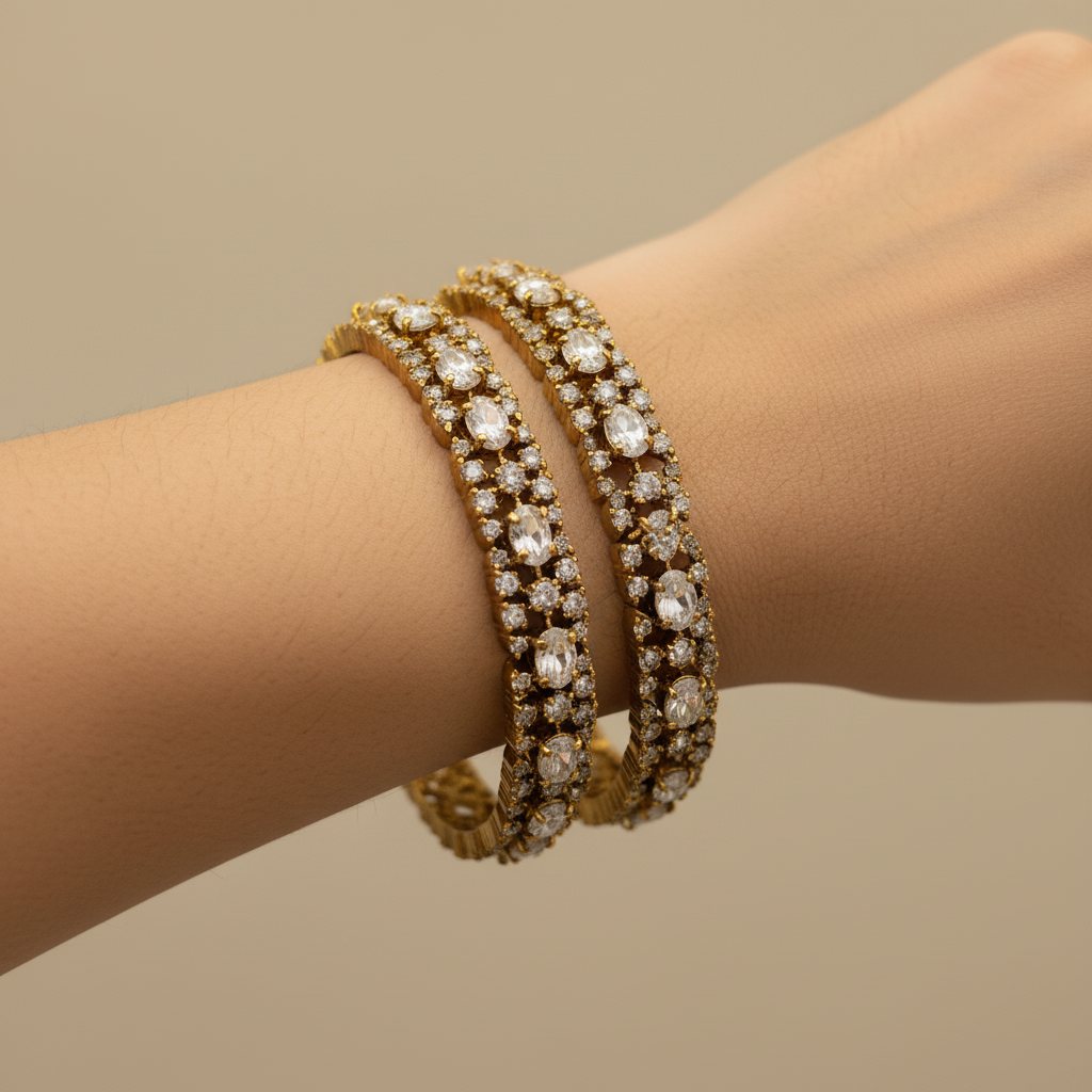 Premium Gold-Plated CZ Diamond Bangles – Oval Cut Stone Bridal Bangle Set (Set of 2)