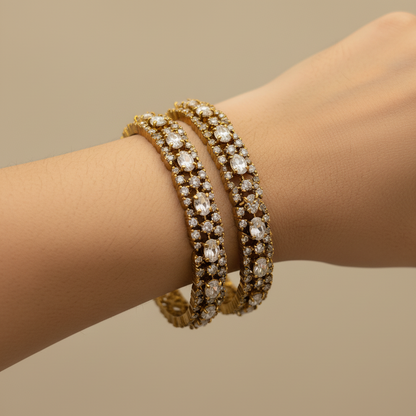 Premium Gold-Plated CZ Diamond Bangles – Oval Cut Stone Bridal Bangle Set (Set of 2)