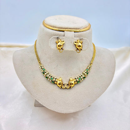 Elephant Motif Necklace Set with Green Stones – Gold Finish