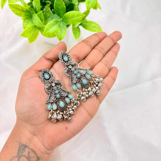 Oxidized Silver Tribal Earrings with Turquoise Blue Stones & Ghungroo Drops