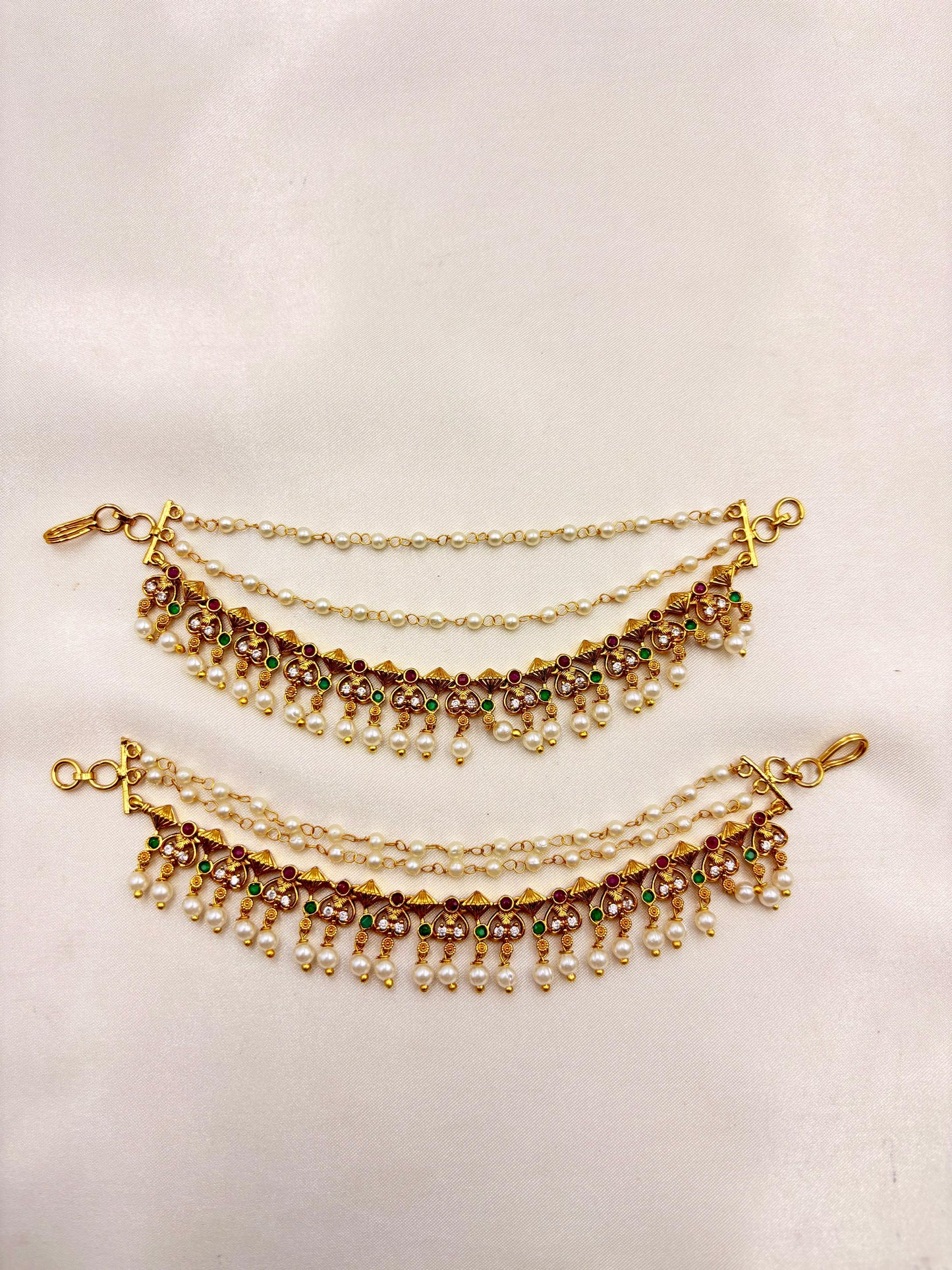 Antique Gold Stone & Pearl Matti Hair Accessory – Bridal Mattal with Ruby, Emerald & Pearl Drops