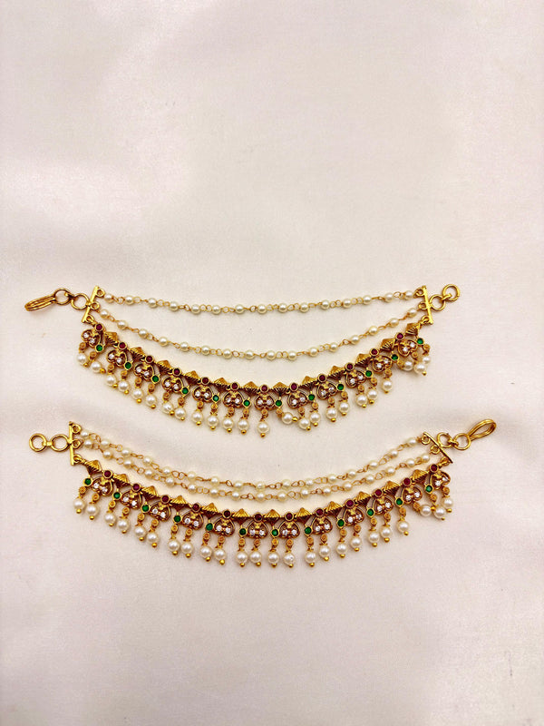 Antique Gold Stone & Pearl Matti Hair Accessory – Bridal Mattal with Ruby, Emerald & Pearl Drops