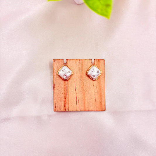 Gold Finish Square White Enamel Stud Earrings