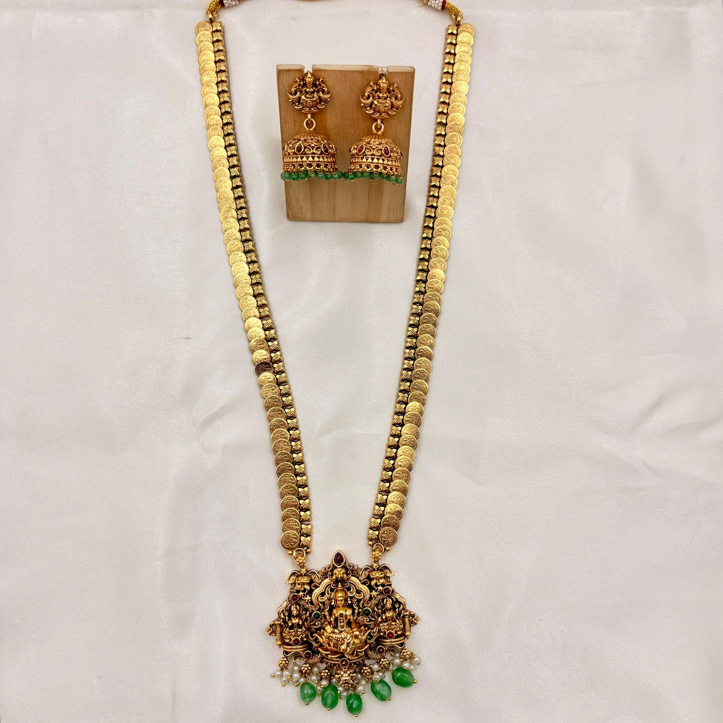 Antique Gold Kasu Lakshmi Haram with Green Bead Drops & Temple Jhumka Earrings | Bridal Temple Jewelry Set