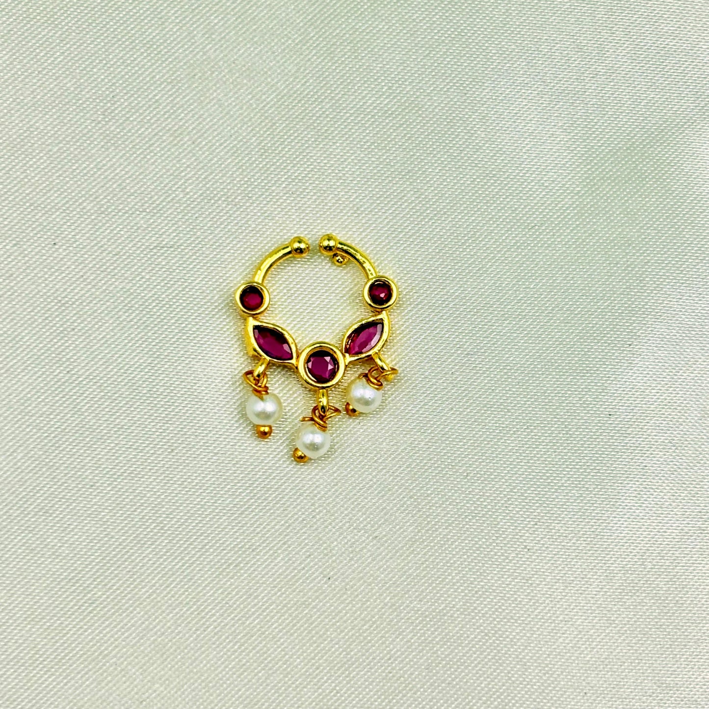Gold Finish Pink Stone Nose Pin with Pearl Drops