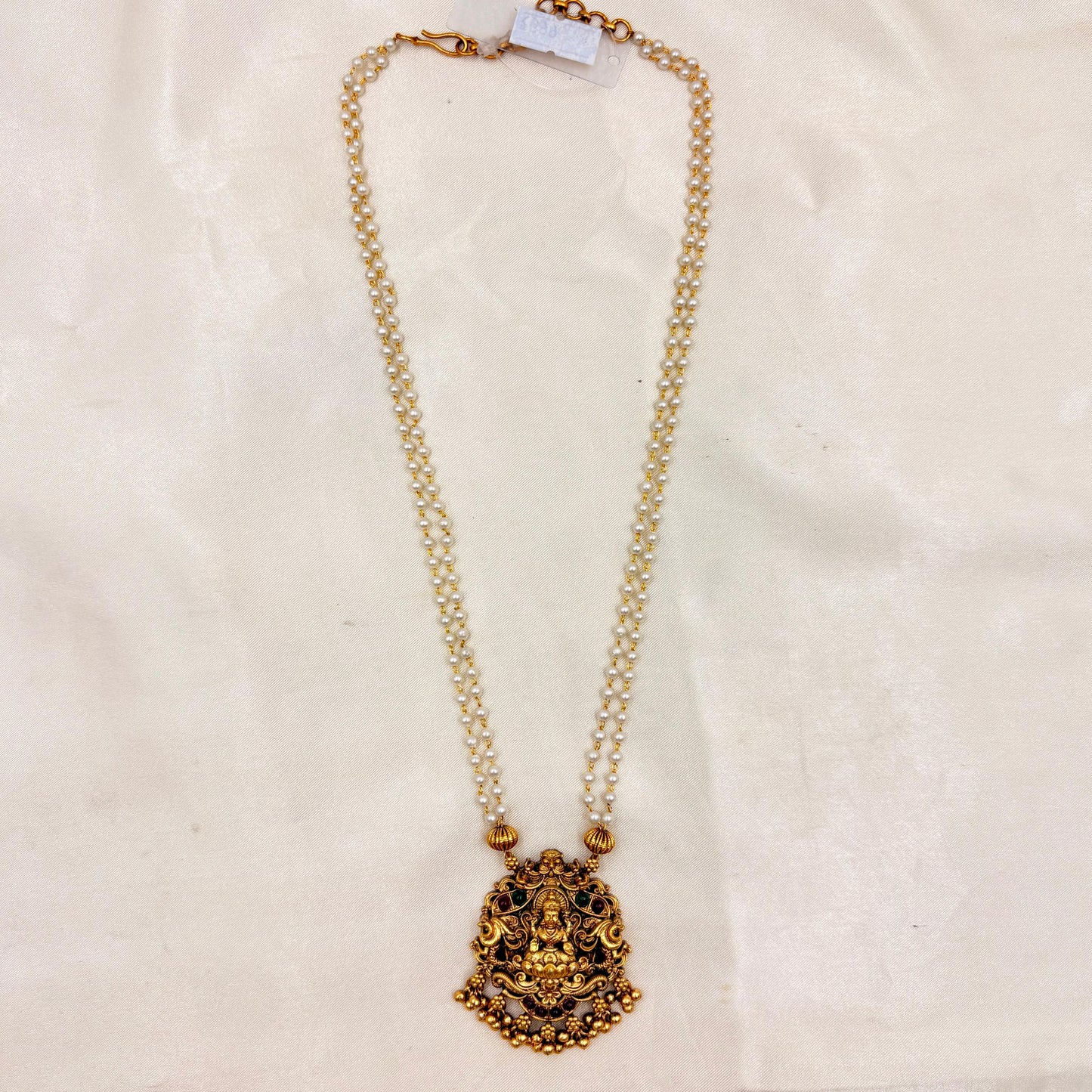 Antique Gold Lakshmi Temple Pearl Necklace Set with Matching Earrings
