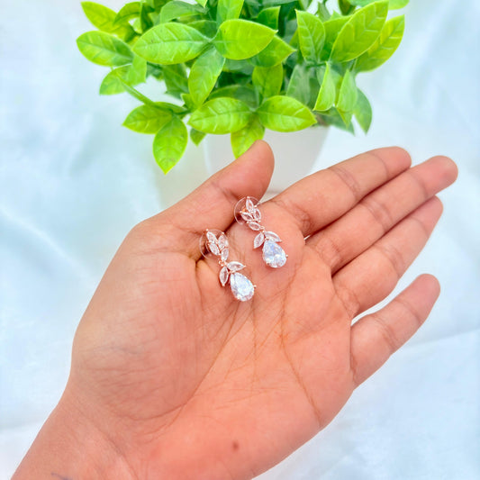 Rose Gold Leaf & Teardrop Crystal Drop Earrings