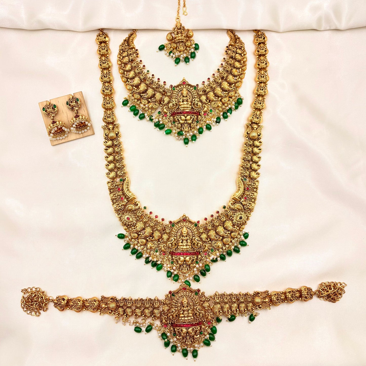 Grand Antique Temple Jewellery Set – Lakshmi Bridal Necklace Set with Long Haram, Earrings & Vaddanam