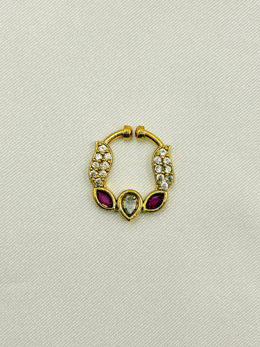 Designer Ruby & White Stone Teardrop Nose Pin – Gold Finish