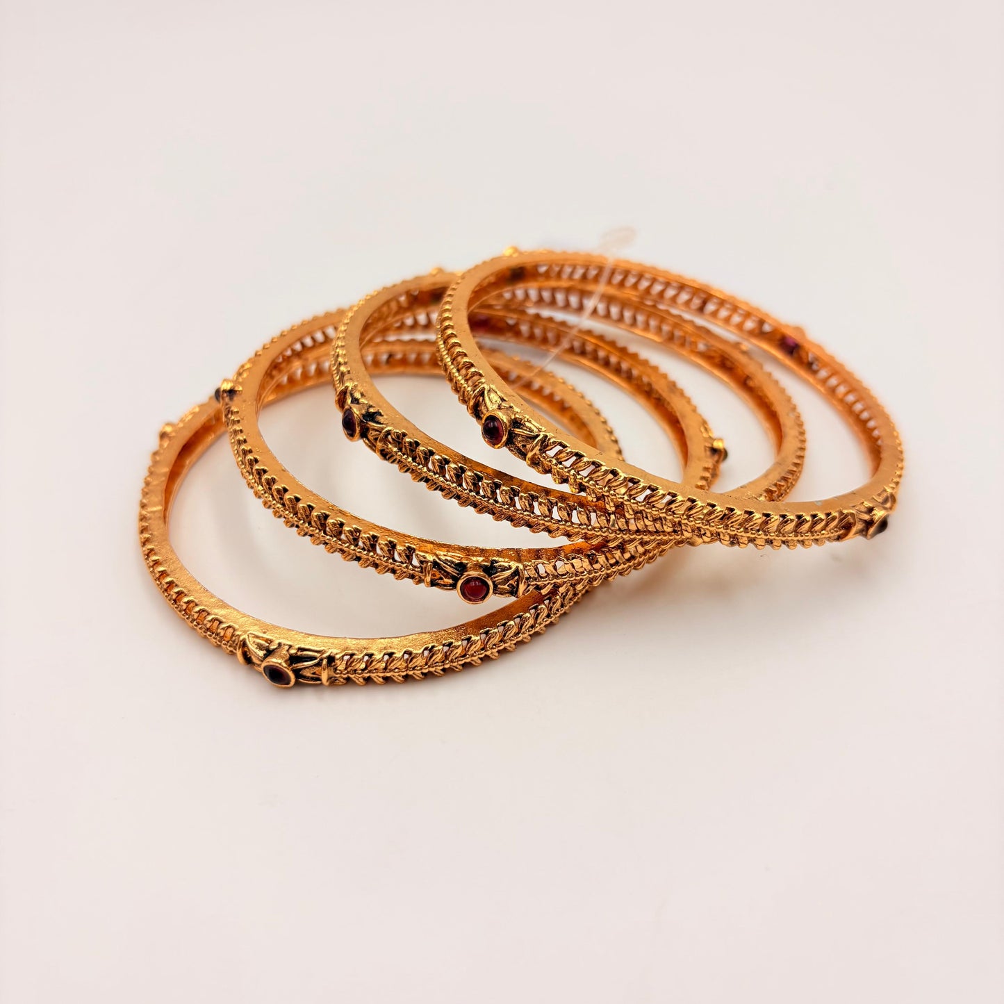 Antique Gold Leaf Pattern Bangles with Ruby & Green Stone – Traditional Daily Wear Bangles (Pair)