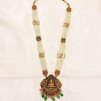 Antique Gold Finish Lakshmi Temple Long Pearl Necklace with Green Drop Jhumka Earrings