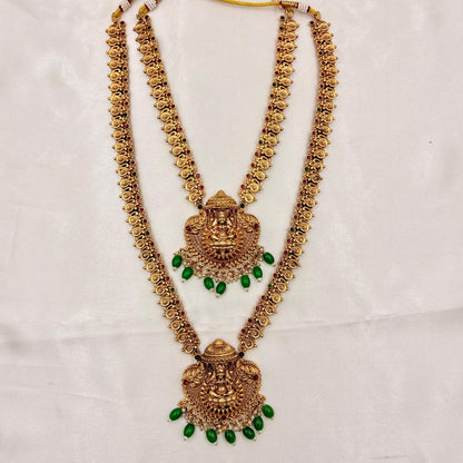 Antique Gold Dual Long Haram Necklace Set with Lakshmi Pendant & Green Beads