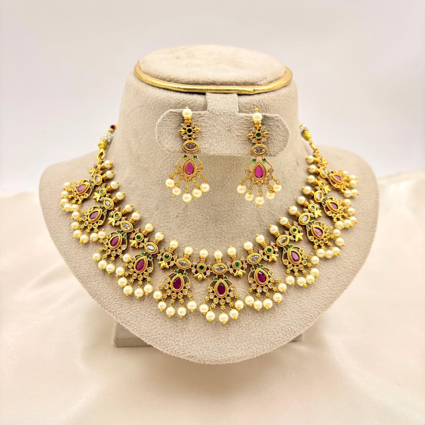 Temple Style Pink Kemp Stone Choker Necklace Set with Pearl Drops