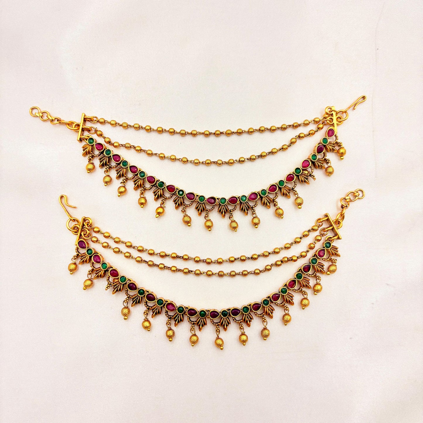 Antique Gold Stone Matti Hair Accessory – Ruby & Emerald Bridal Mattal / South Indian Temple Hair Jewellery