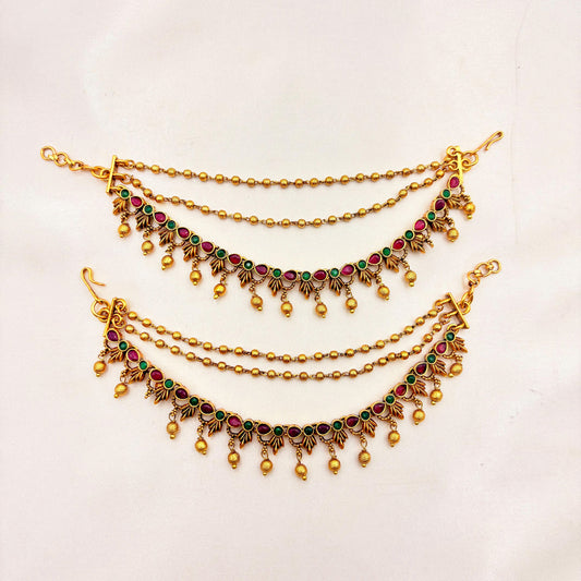 Antique Gold Stone Matti Hair Accessory – Ruby & Emerald Bridal Mattal / South Indian Temple Hair Jewellery