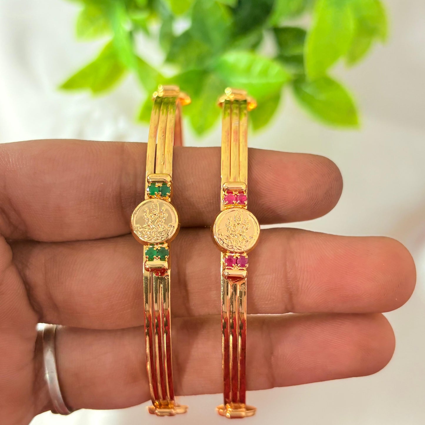 Antique Gold Lakshmi Coin Bangles with Ruby & Green Stones – Traditional Temple Bangles (Pair)
