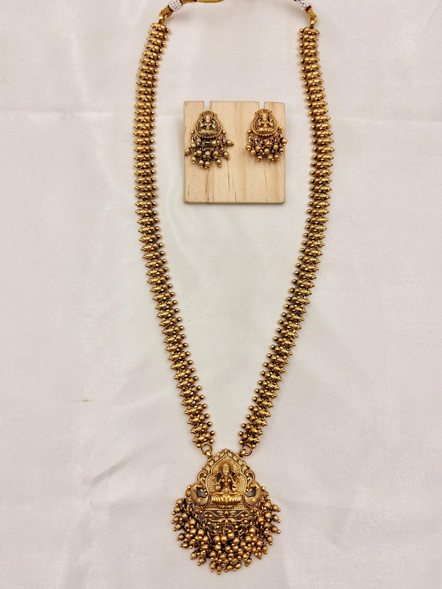 Antique Gold Lakshmi Long Haram Necklace with Ball Chain & Earrings