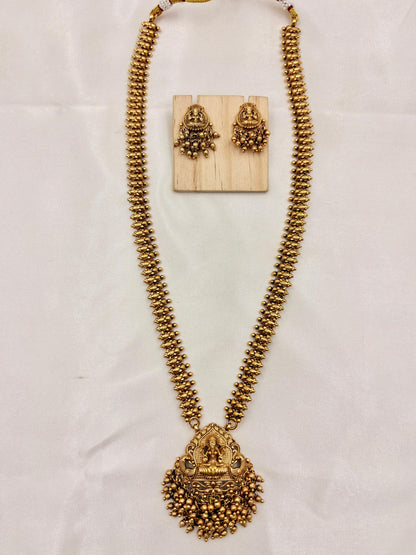Antique Gold Lakshmi Long Haram Necklace with Ball Chain & Earrings