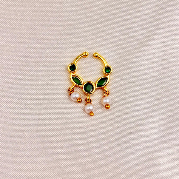 Gold Finish Green Stone Nose Pin with Pearl Drops