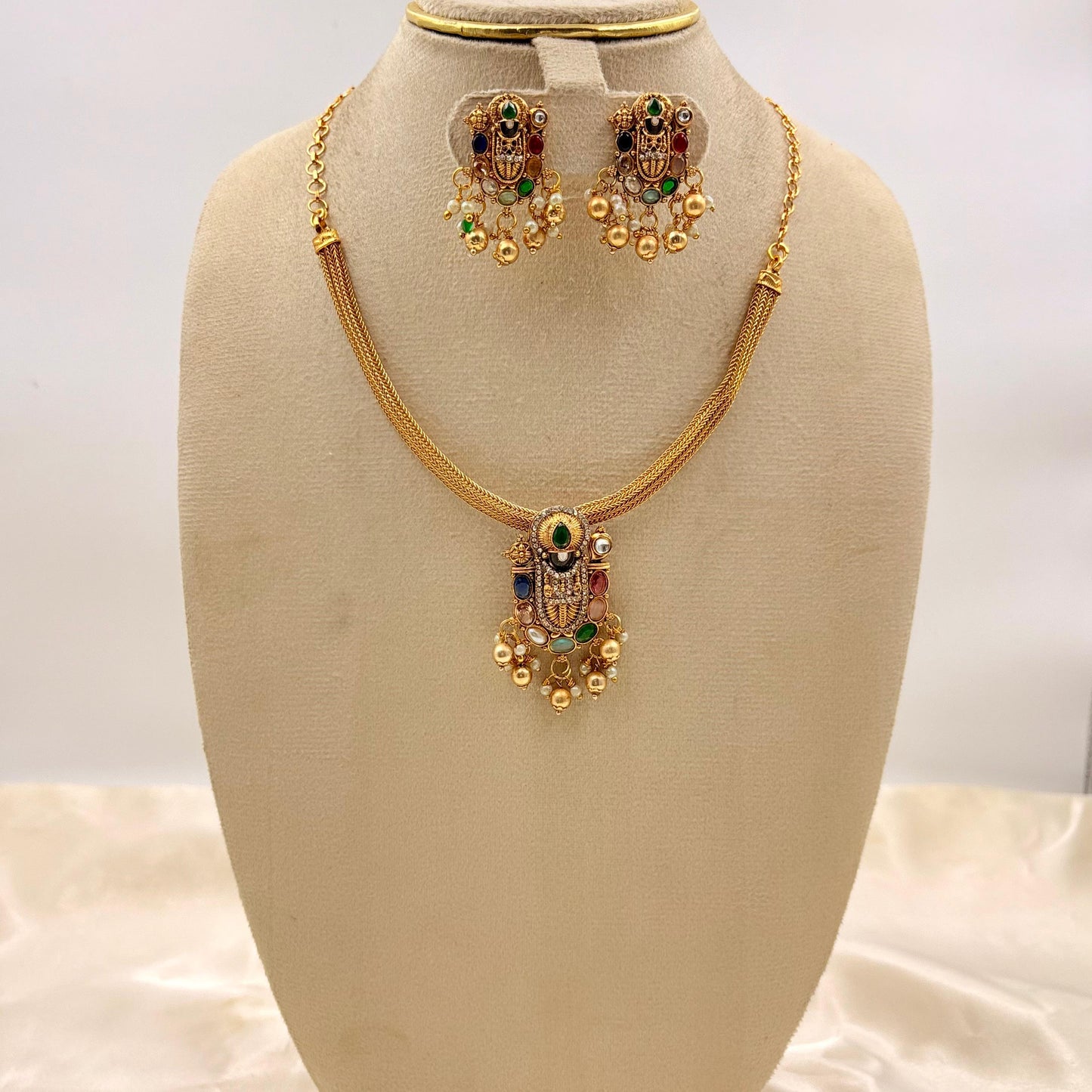 Antique Multicolour Temple Choker Set with Pearls & Jhumka Earrings | Bridal Jewellery