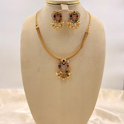 Antique Multicolour Temple Choker Set with Pearls & Jhumka Earrings | Bridal Jewellery