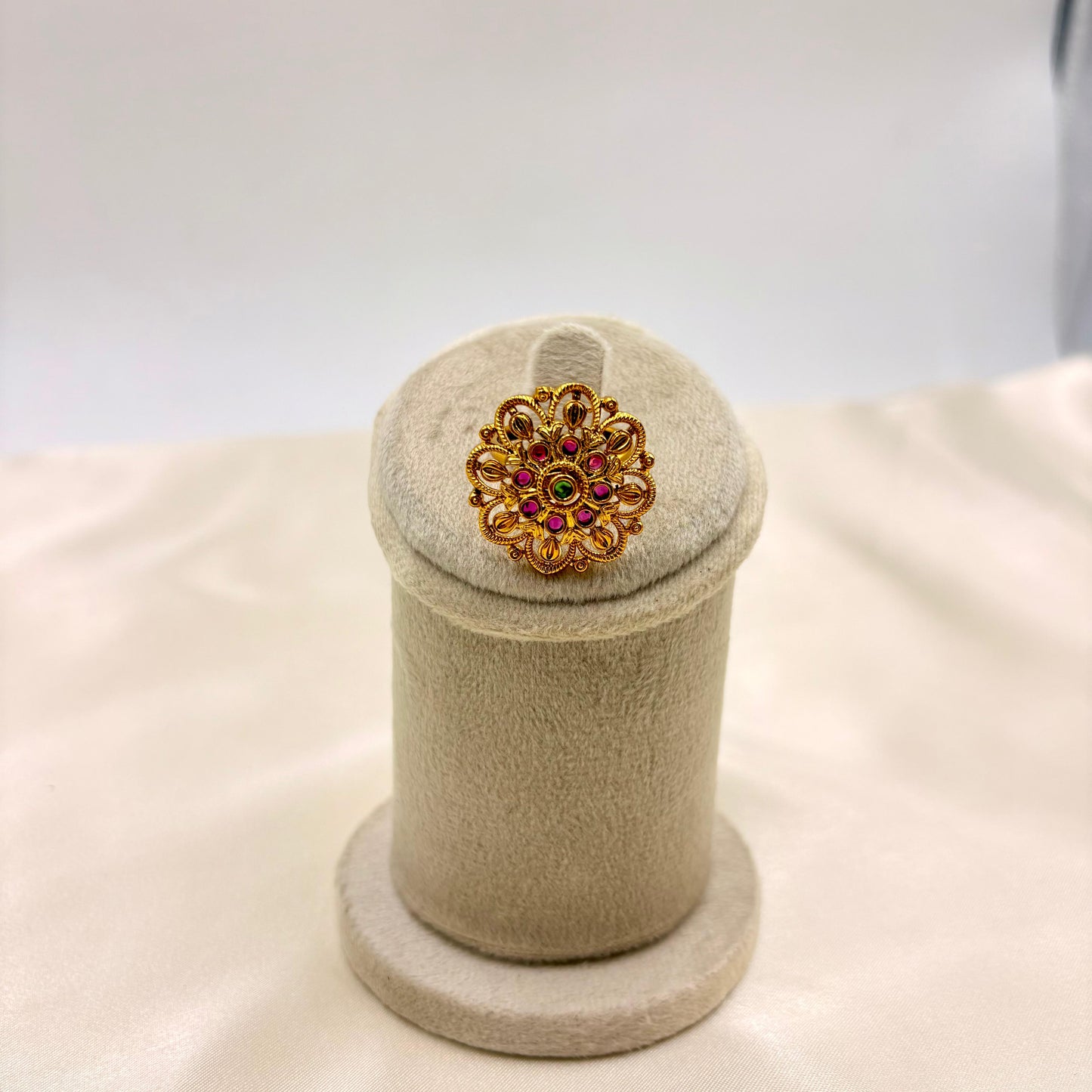 Traditional Temple Jewellery Finger Ring – Antique Gold Floral Ring with Ruby & Green Stones