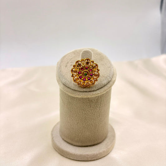 Traditional Temple Jewellery Finger Ring – Antique Gold Floral Ring with Ruby & Green Stones