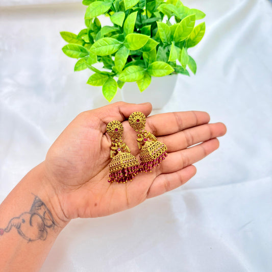Antique Gold Temple Jhumka Earrings with Pink Stone Drops