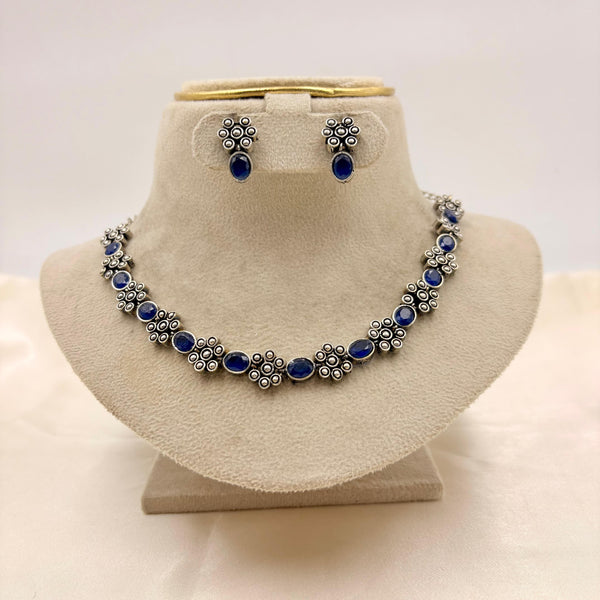 Oxidised Silver Blue Stone Necklace Set with Stud Earrings