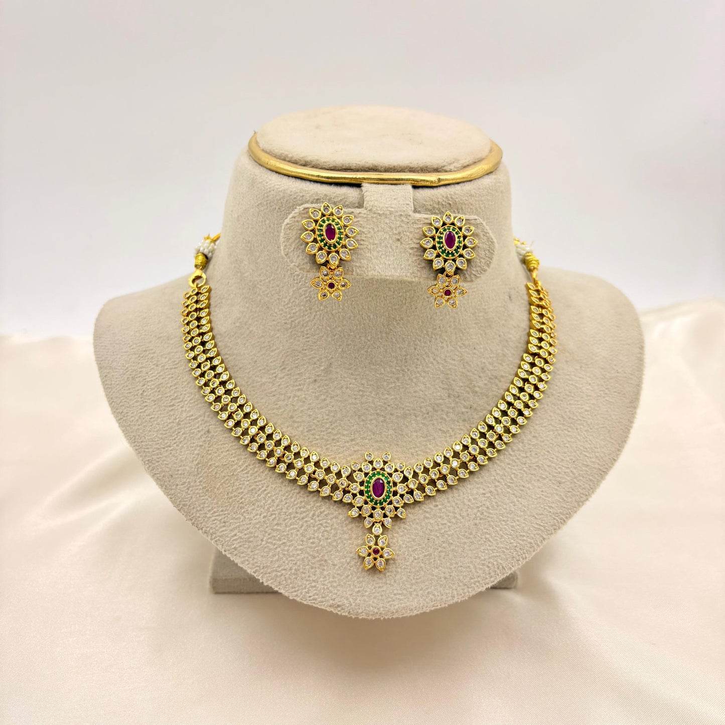 Premium CZ Stone Bridal Necklace Set with Ruby & Emerald Accents – Gold Finish