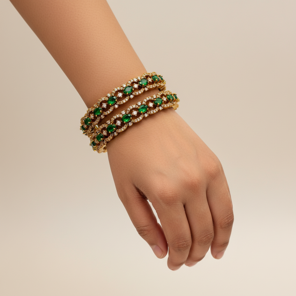 Antique Gold Bangles with Emerald Green Stones & CZ Diamonds – Premium Bridal Bangles (Set of 2)