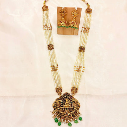 Antique Gold Finish Lakshmi Temple Long Pearl Necklace with Green Drop Jhumka Earrings