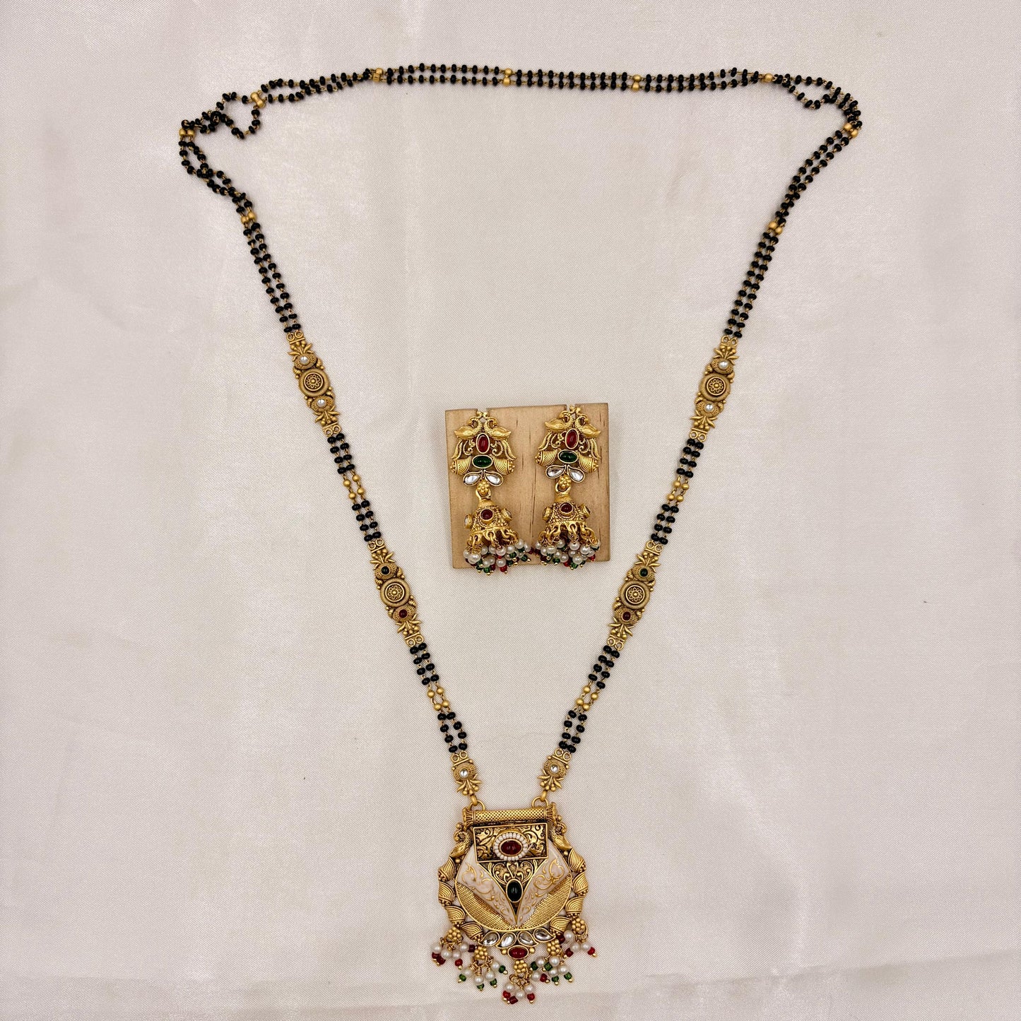 Antique Gold Long Mangalsutra with Designer Pendant & Matching Earrings