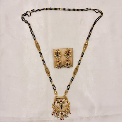 Antique Gold Long Mangalsutra with Designer Pendant & Matching Earrings