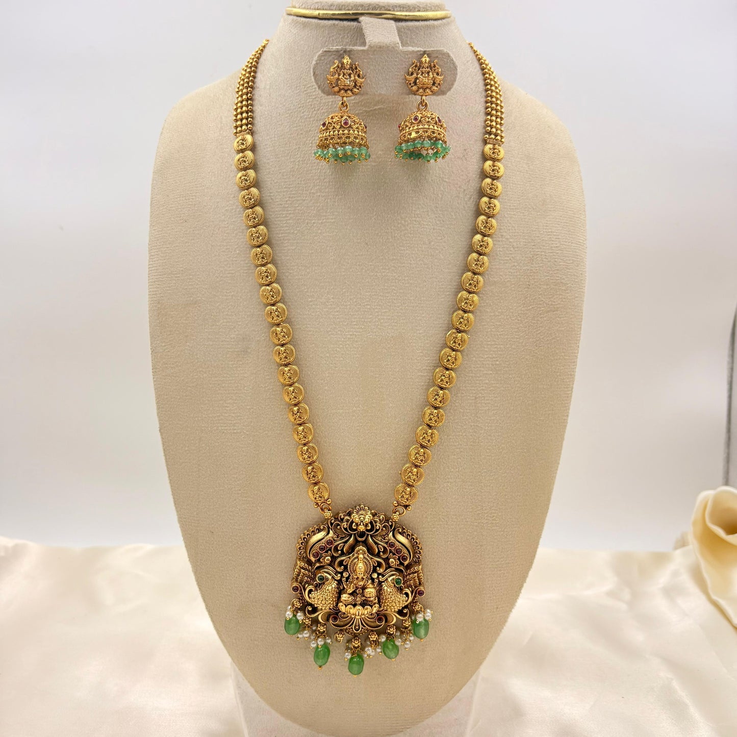 Antique Gold Lakshmi Kasu Mala with Green Bead Drops & Temple Jhumka Earrings | Bridal Temple Jewelry Set
