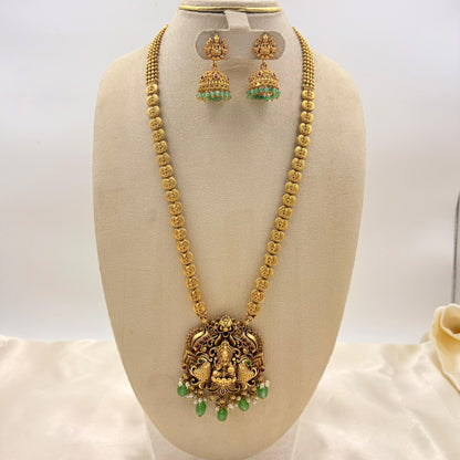 Antique Gold Lakshmi Kasu Mala with Green Bead Drops & Temple Jhumka Earrings | Bridal Temple Jewelry Set