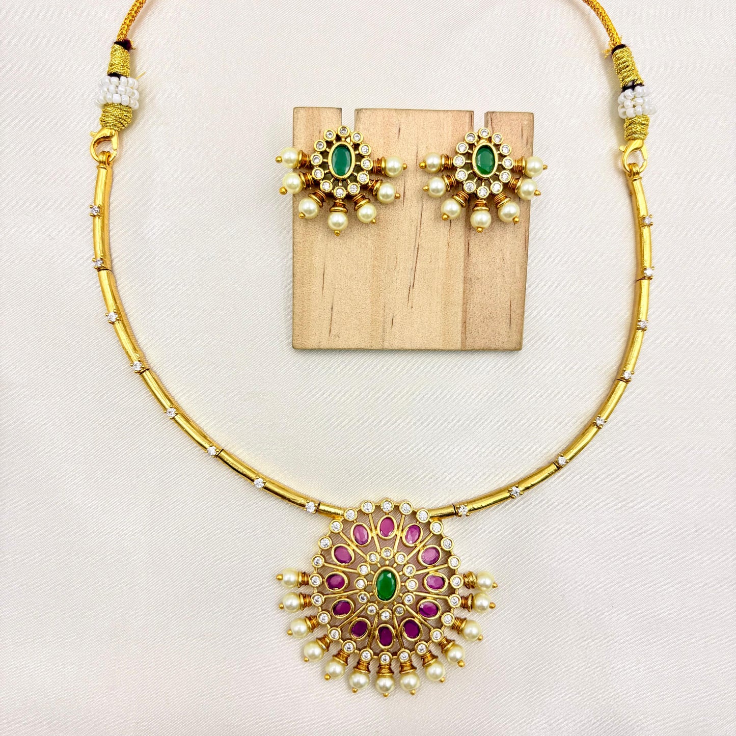 Traditional Kundan Pendant Necklace Set with Green & Pink Stones – Gold Finish