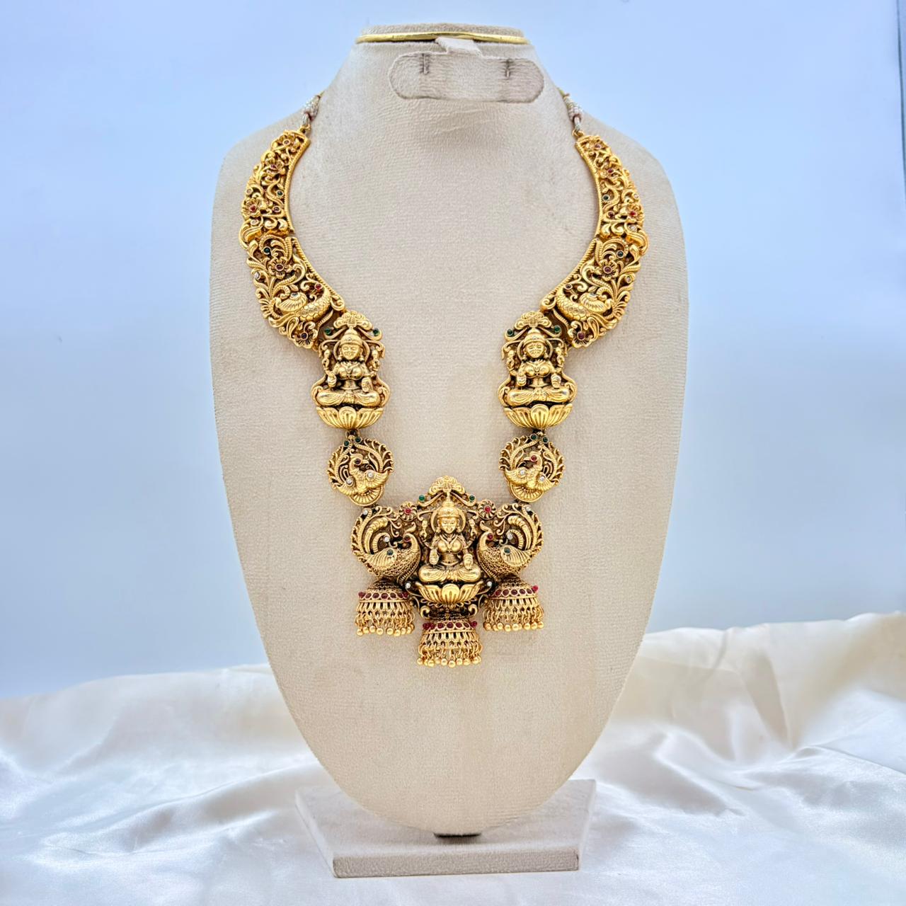 Antique Gold Finish Lakshmi Temple Necklace with Peacock Motifs