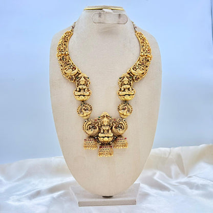 Antique Gold Finish Lakshmi Temple Necklace with Peacock Motifs