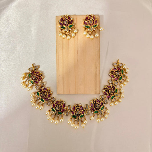 Antique Gold Lotus Bridal Necklace Set with Ruby, Green Stones & Pearl Drops