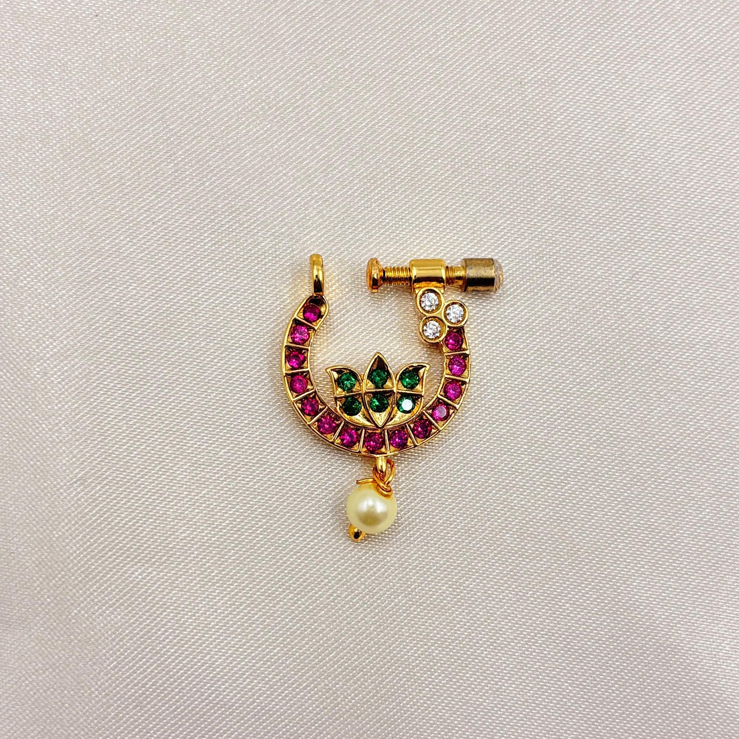 Traditional Lotus Design Antique Gold Nose Pin with Pearl Drop