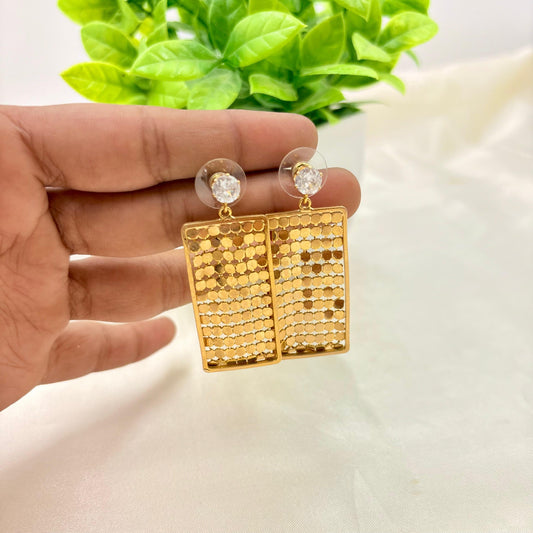 Gold Finish Rectangular Mesh Drop Earrings with CZ Stud