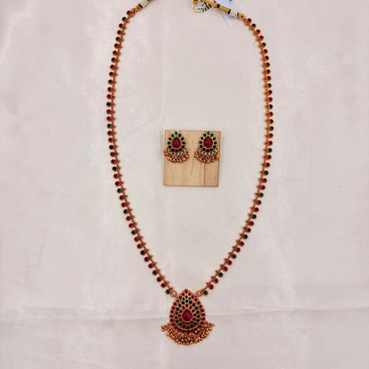 Traditional Gold Finish Kemp Stone Long Necklace Set with Earrings
